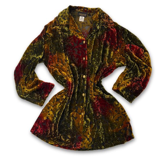 Vintage Sheer Button Up with Velour/Velvet Detailing | Women's Small - Picture 1 of 8